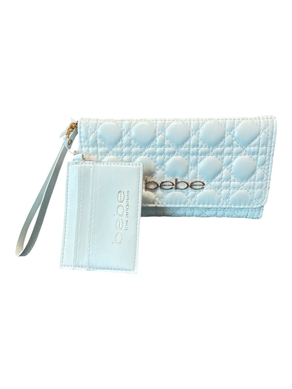 bebe Quilted Wristlet Wallet in White with Gold Logo